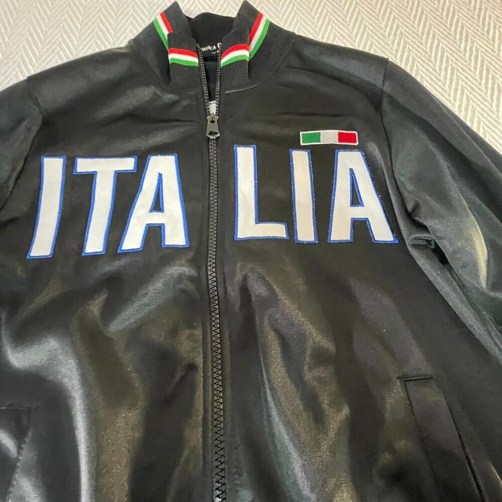 Italia Black Track Jacket 🇮🇹 Faux Leather Look Full Zip Size M - Picture 3 of 10